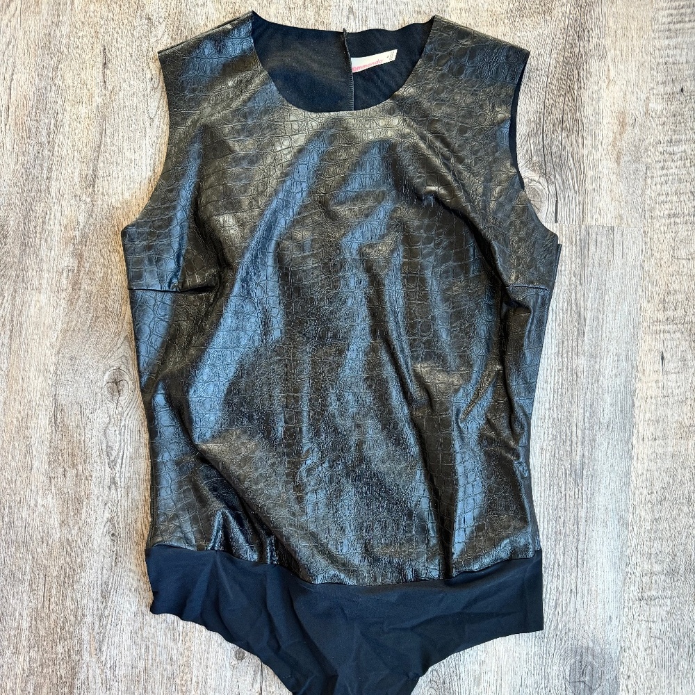 Commando Black Faux Leather Sleeveless Body Suit - Size Medium